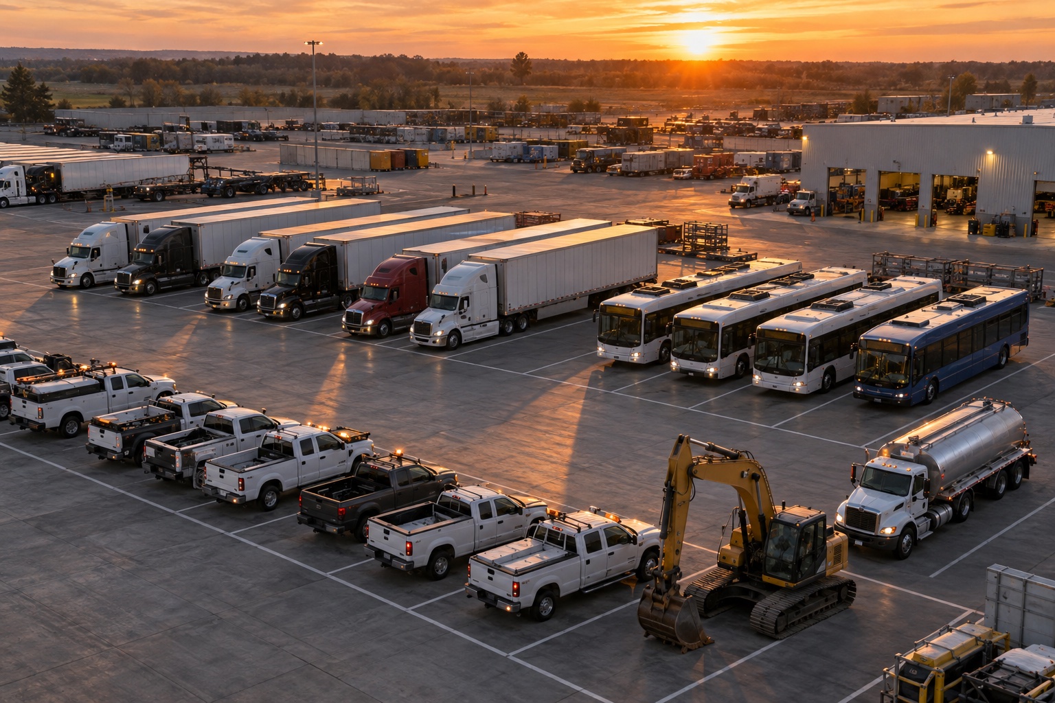 Patio operativo con camiones, colectivos, camionetas y maquinaria al atardecer