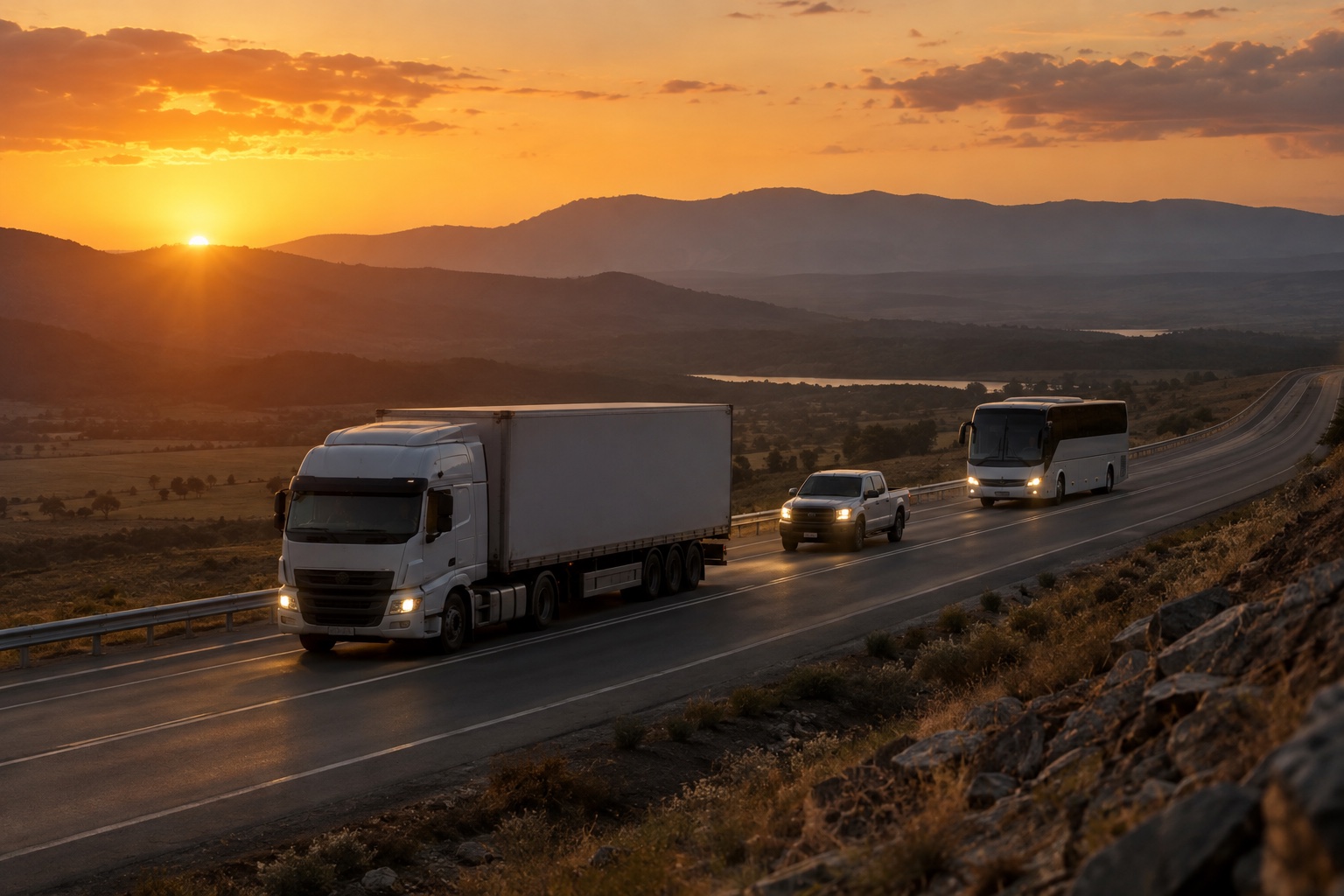 Camión, camioneta y colectivo en una ruta al atardecer